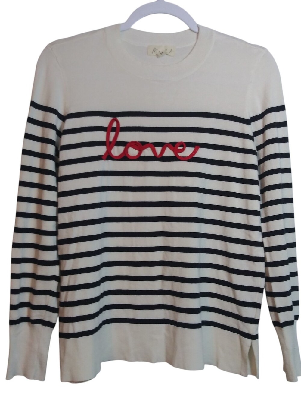Marled Striped 'Love' Sweater in White, Navy & Red Nautical Holiday Size M